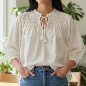 Cream Women's Top with Embroidered Detail